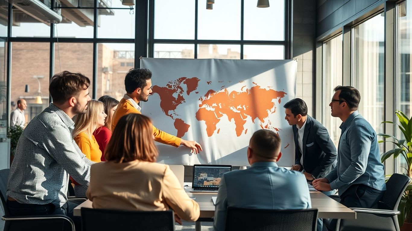 Logistics professionals collaborating around a world map.