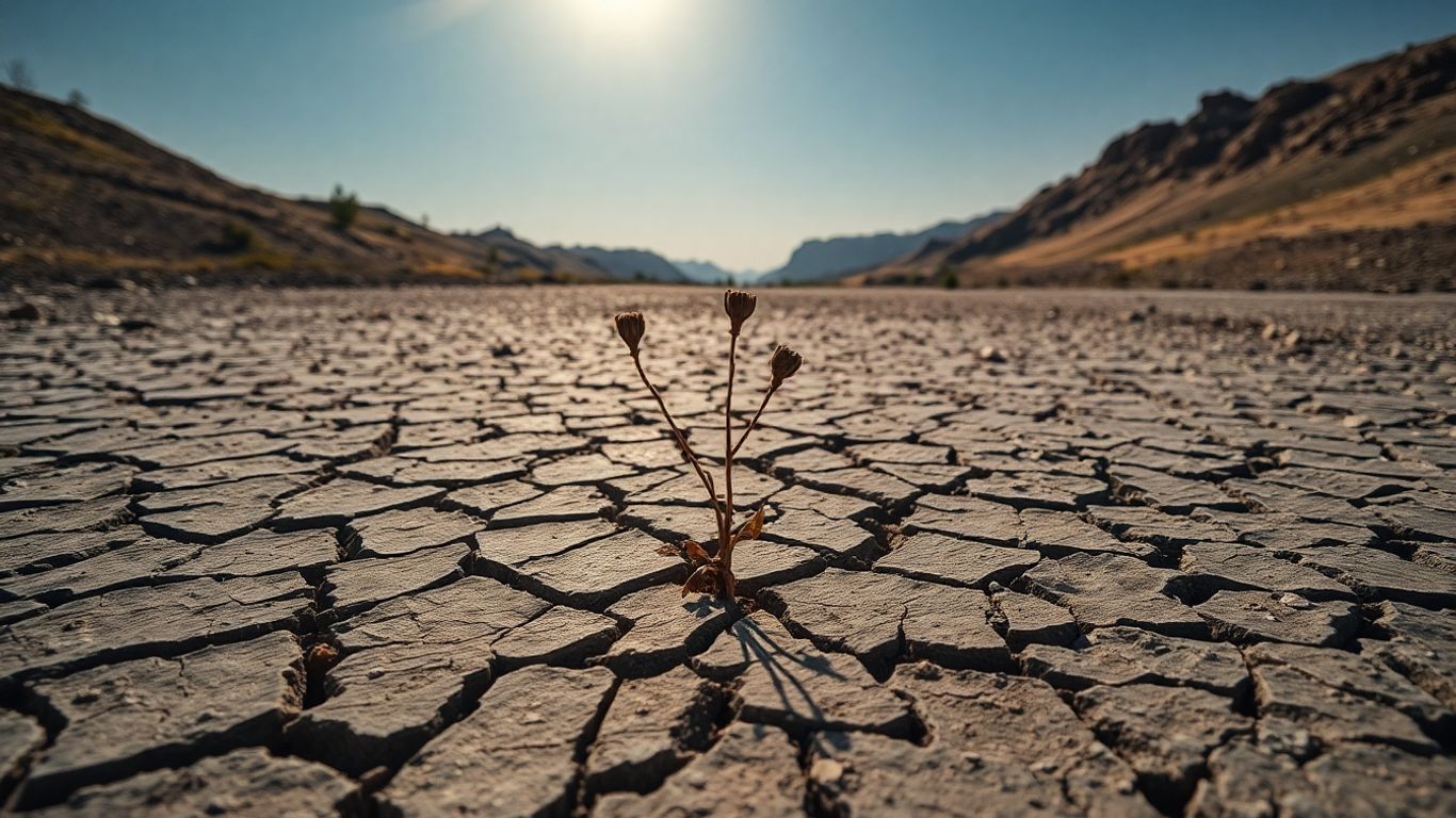 Rivière asséchée sous un soleil de plomb, symbole de la pénurie d'eau.