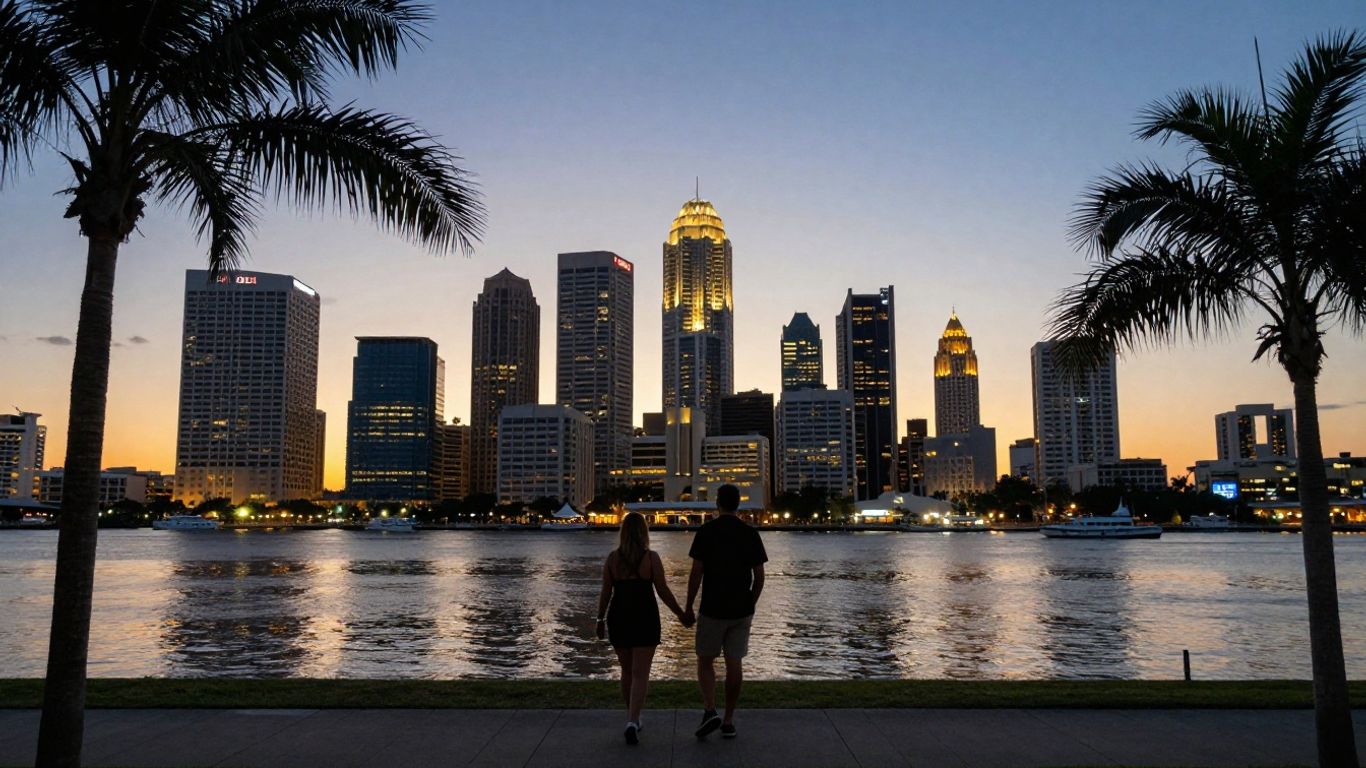 Tampa skyline with palm trees and a couple walking.