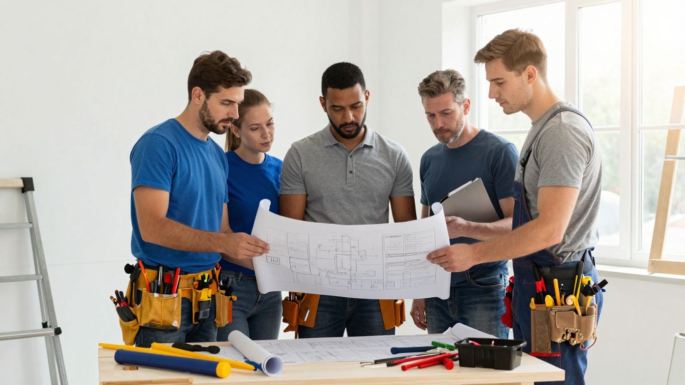 Tradespeople discussing plans with tools and work gear.