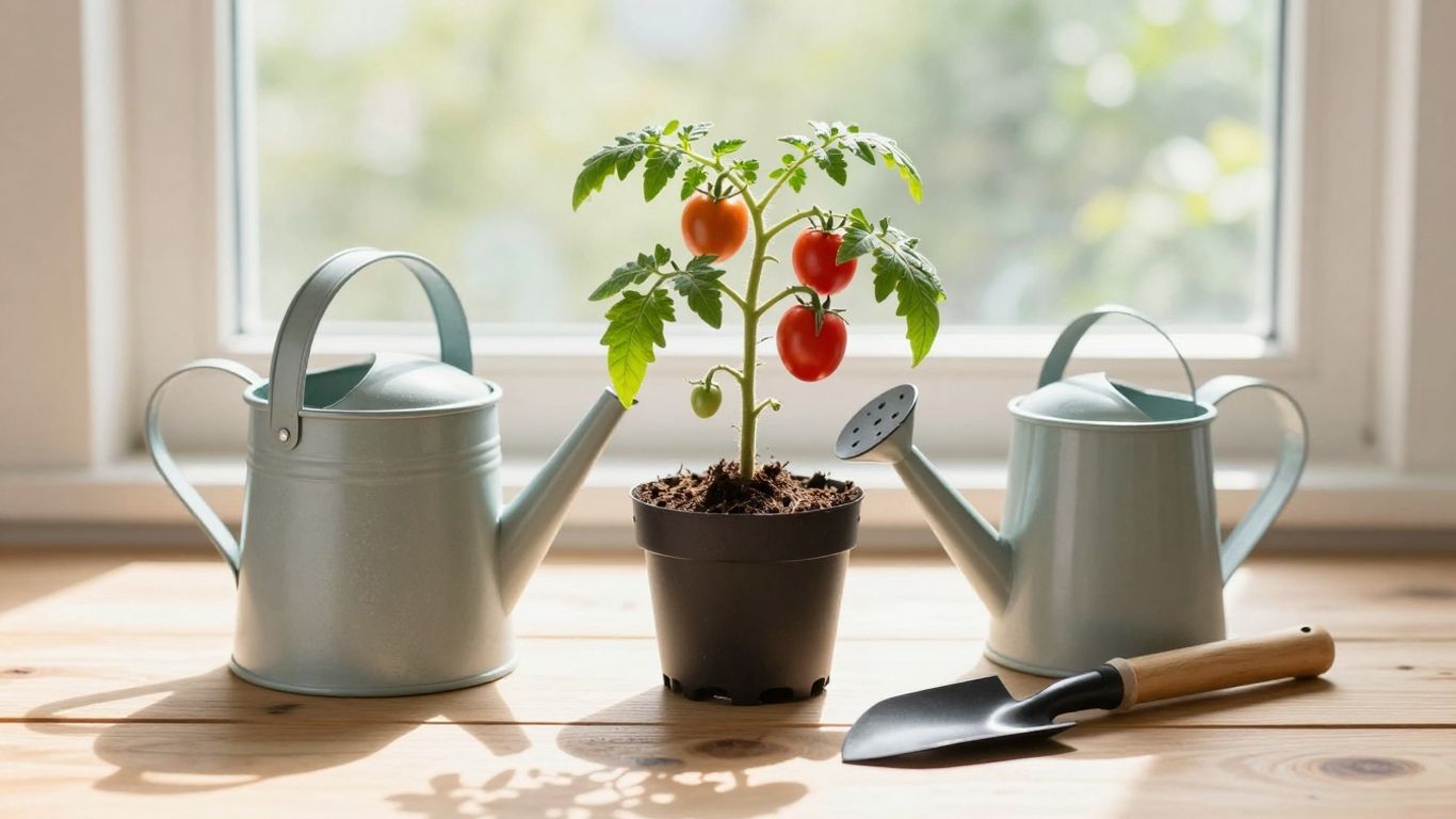 Tomatenpflanze mit Früchten und Gartengeräten auf Fensterbank