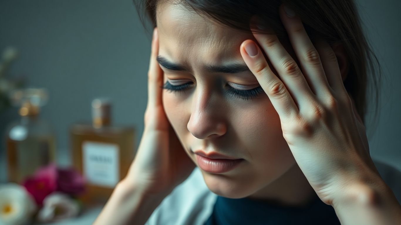 Person with headache near perfume bottles.