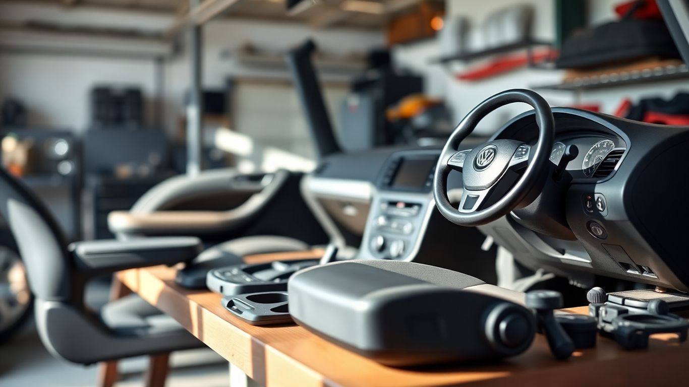 Volkswagen Tiguan interior spare parts on a workbench