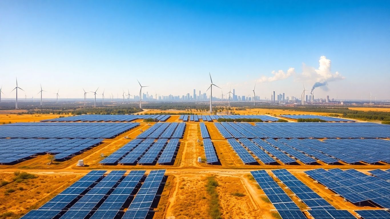 Éoliennes et panneaux solaires près d'une ville polluée.