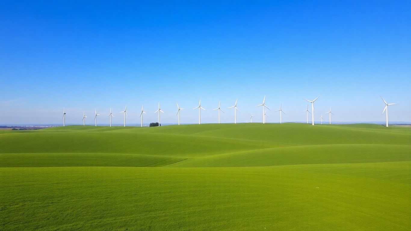 Parc éolien dans un paysage verdoyant sous un ciel bleu.