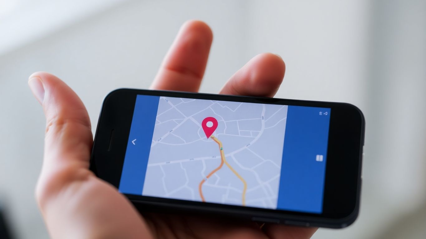 Mão segurando celular com mapa e pino de localização.