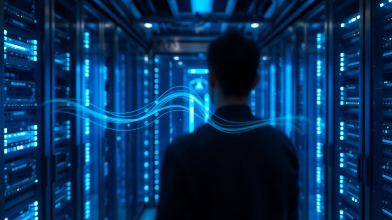 Computer server room with holographic data interface.