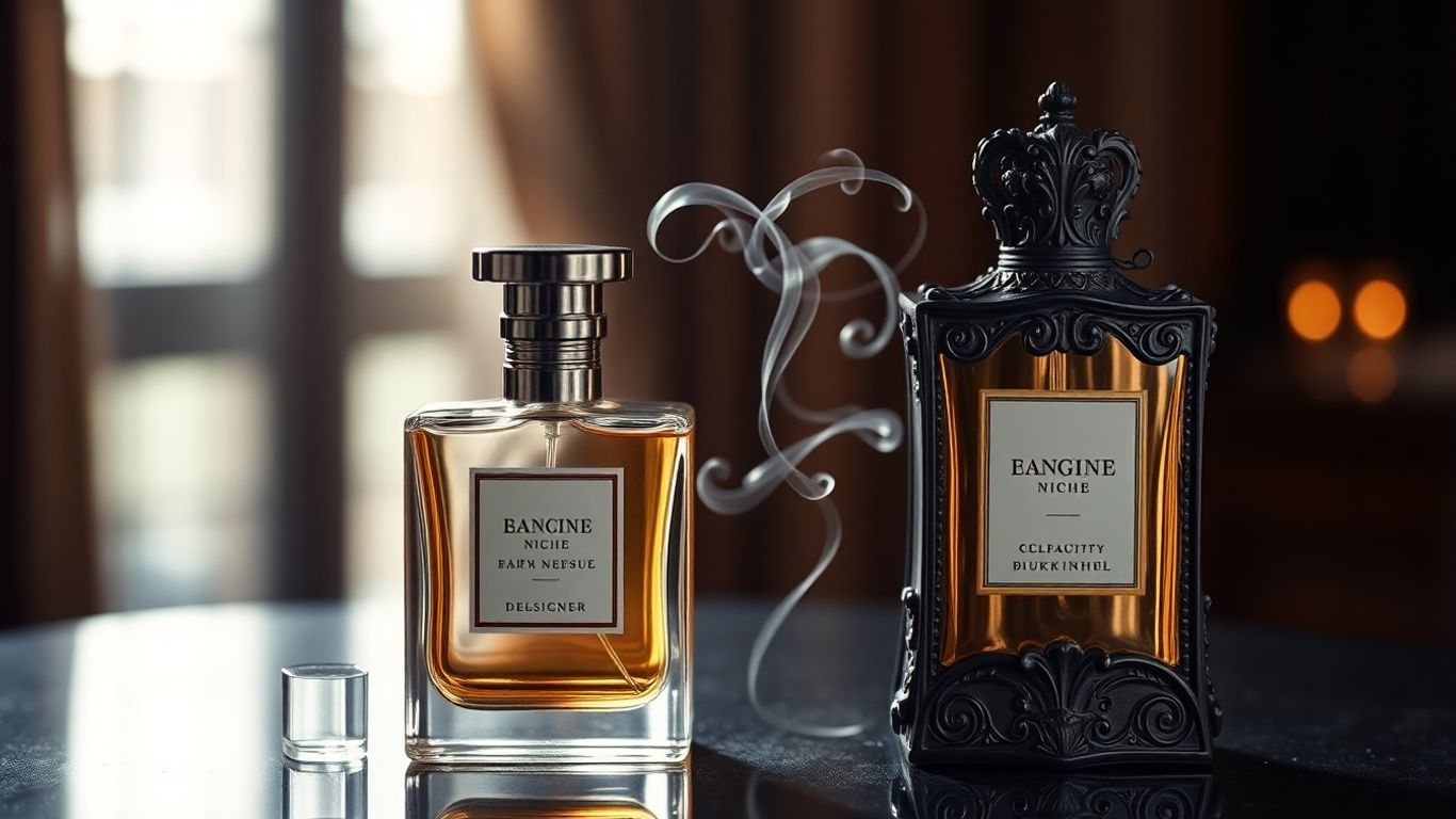 Designer versus niche perfume bottles with fragrant wisps.