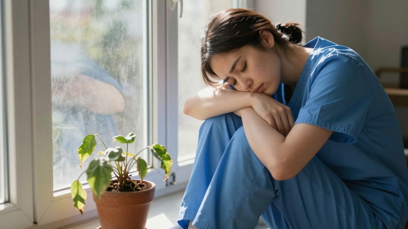 Weary caregiver by a window with a wilting plant.