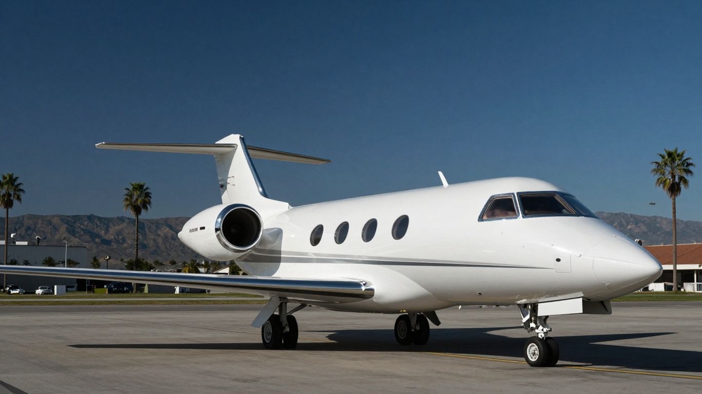 Private jet on tarmac in Orange County.