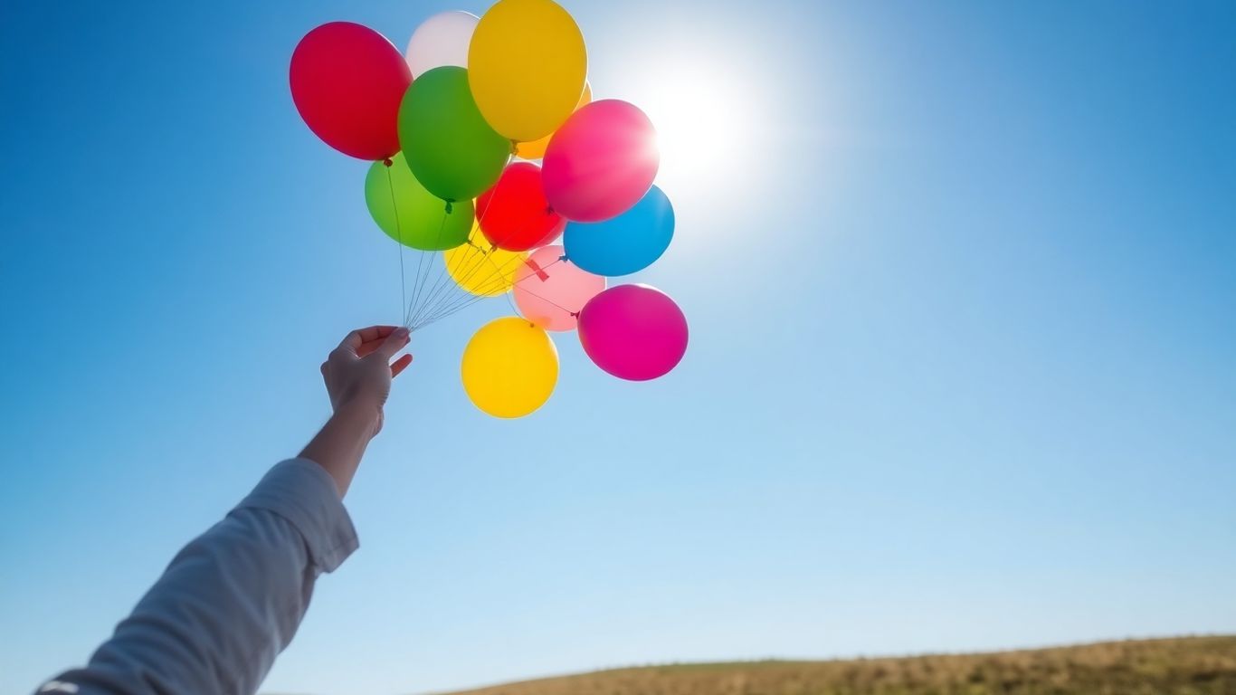 Person releasing balloons into a bright sky.
