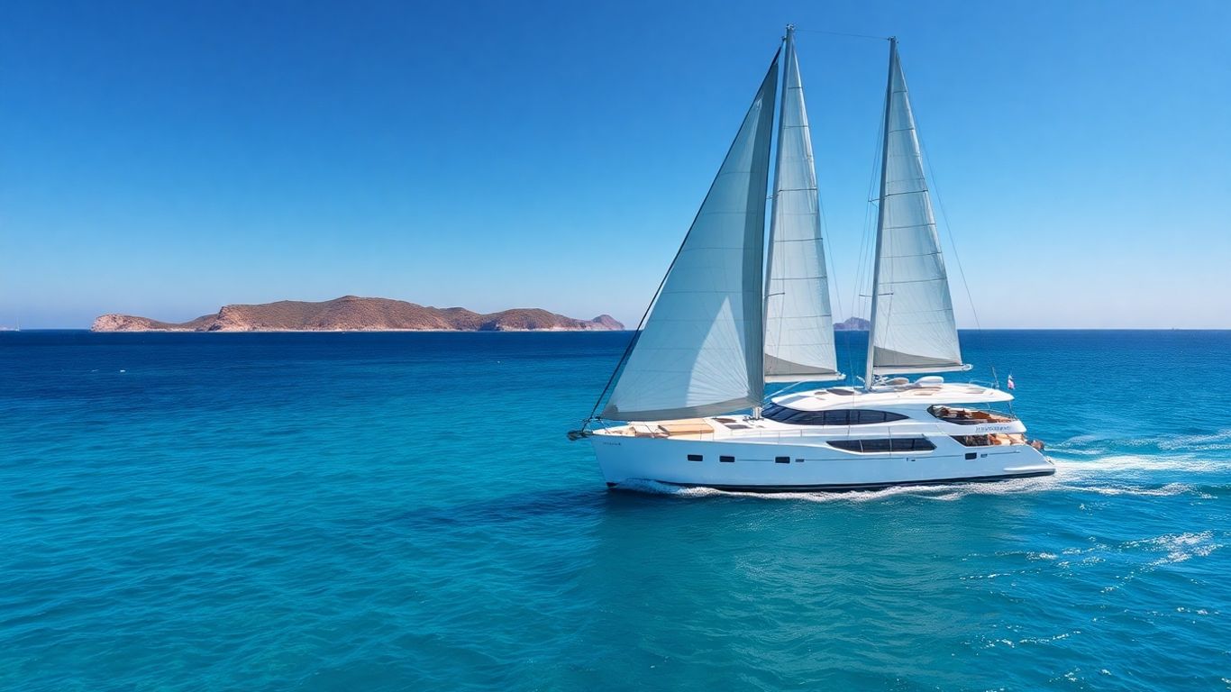 Sailing yacht on Mediterranean Sea with islands.