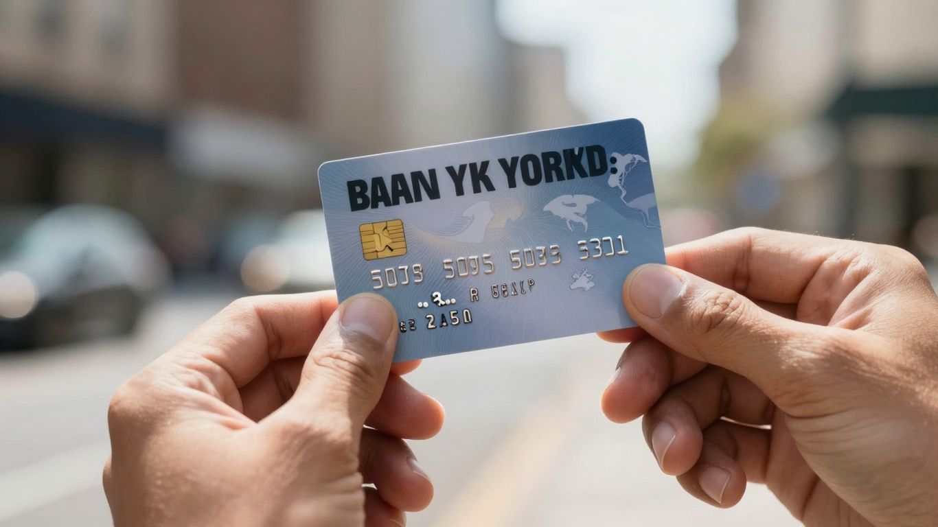 Person holding a new bank card, urban background.