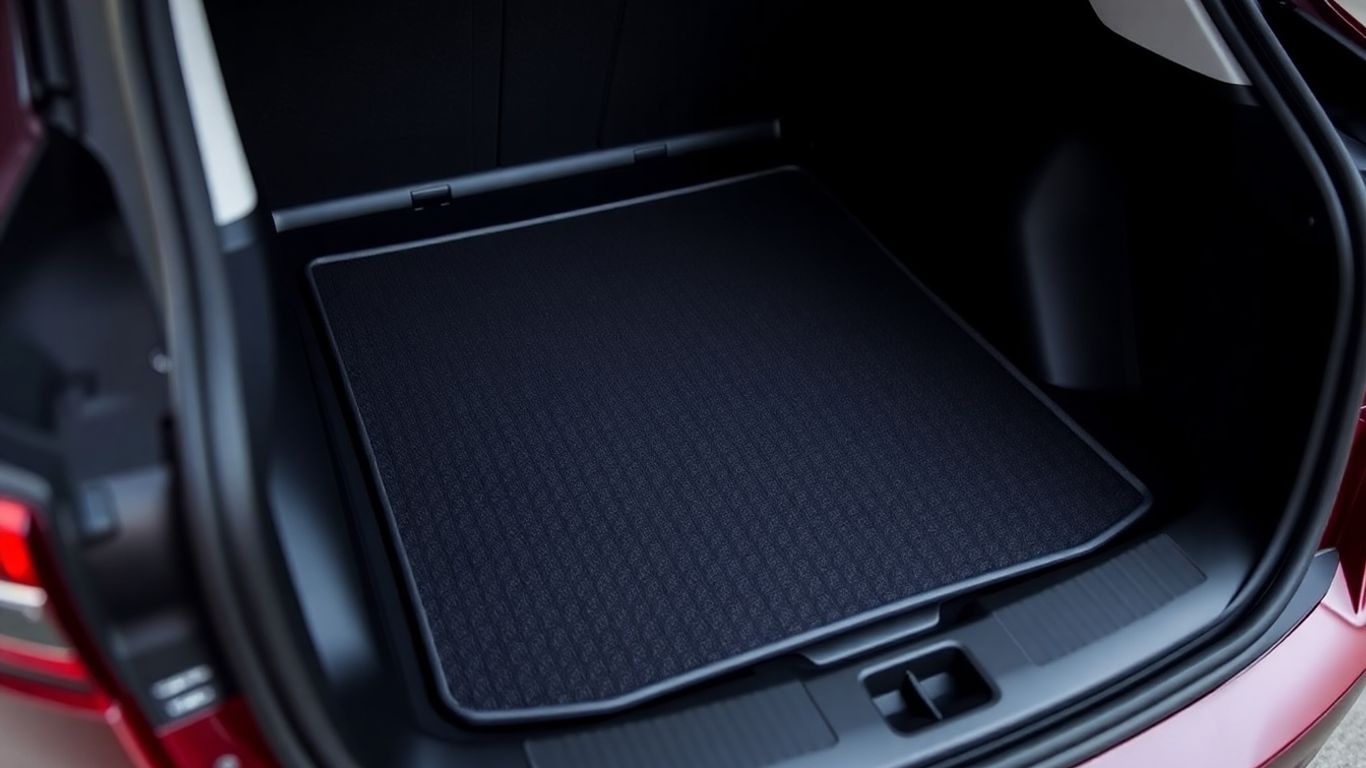 Tesla boot mat detail in a car's cargo area.