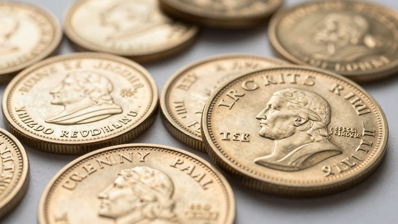 Gold Krugerrand coins stacked and gleaming.