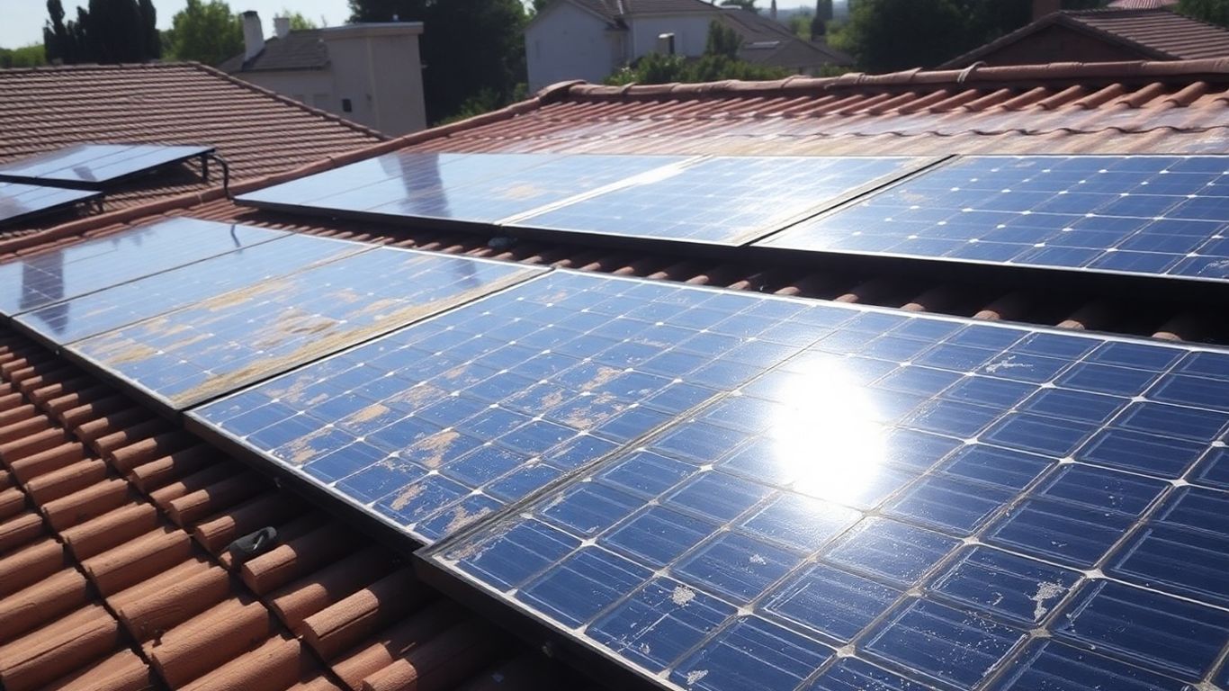Des panneaux solaires sur un toit, certains sales, d'autres propres.