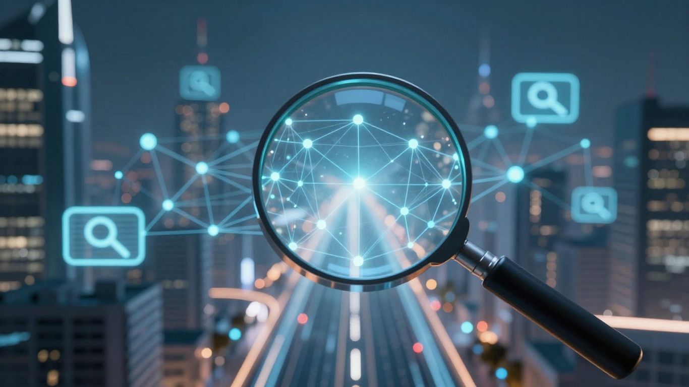 Futuristic cityscape with search icons and magnifying glass.