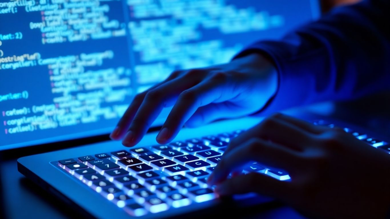 Hands coding on a glowing keyboard with abstract code.