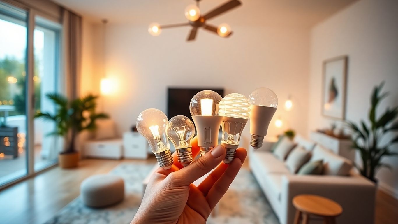 Various LED light bulbs in a modern home setting.