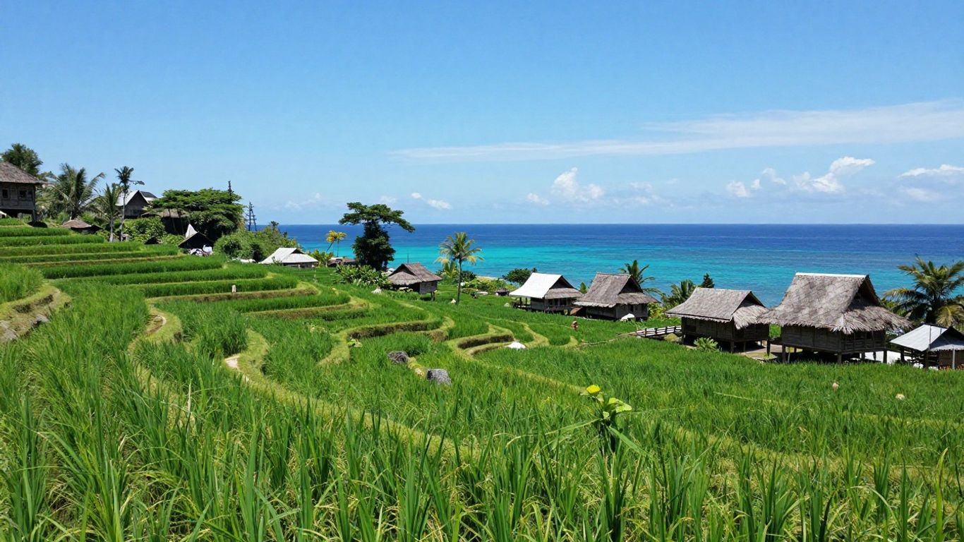 Tropical landscape of East Nusa Tenggara with rice paddies and ocean.