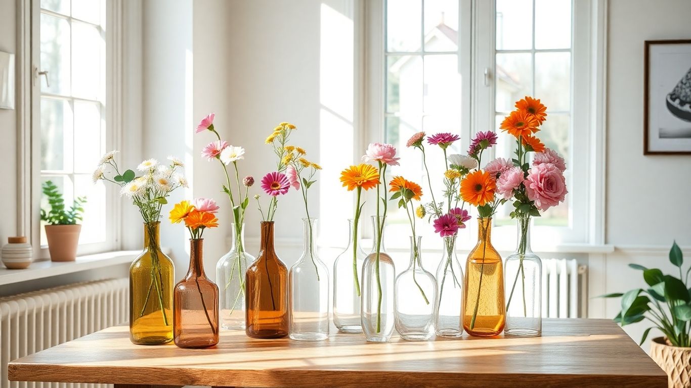 Cluster of colorful vases with fresh flowers on table