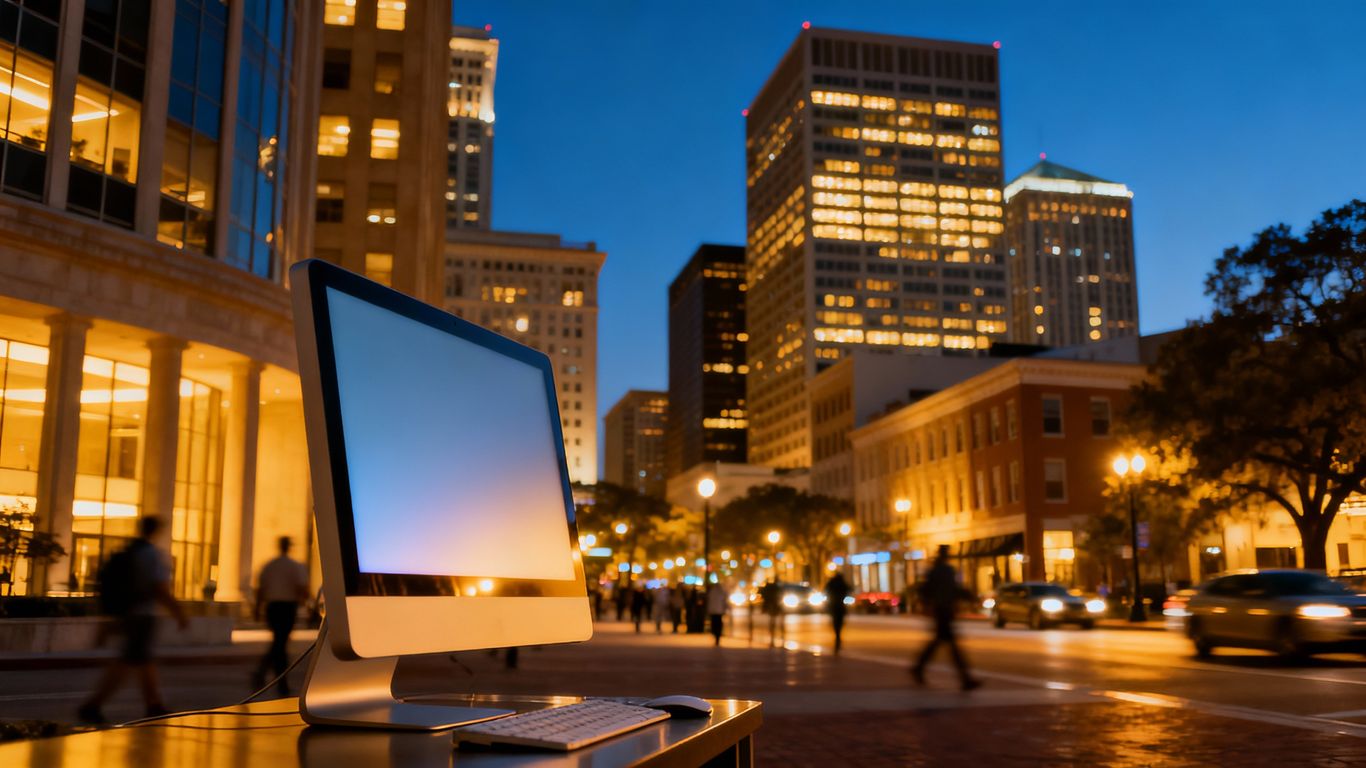 New Orleans cityscape with illuminated buildings and computer monitor.