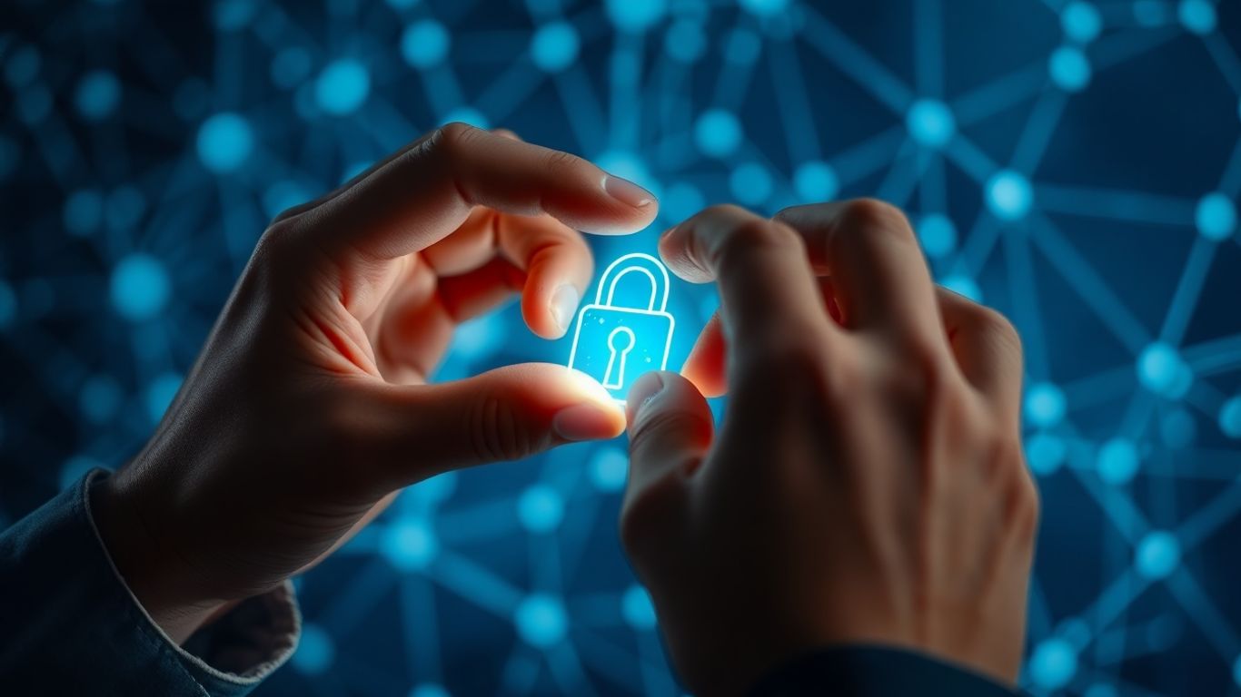 Hands placing glowing key into digital lock