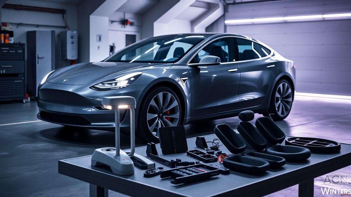 New Tesla accessories displayed with a car.