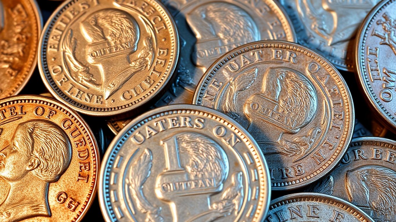 Close-up of vintage Barber quarters with detailed designs.