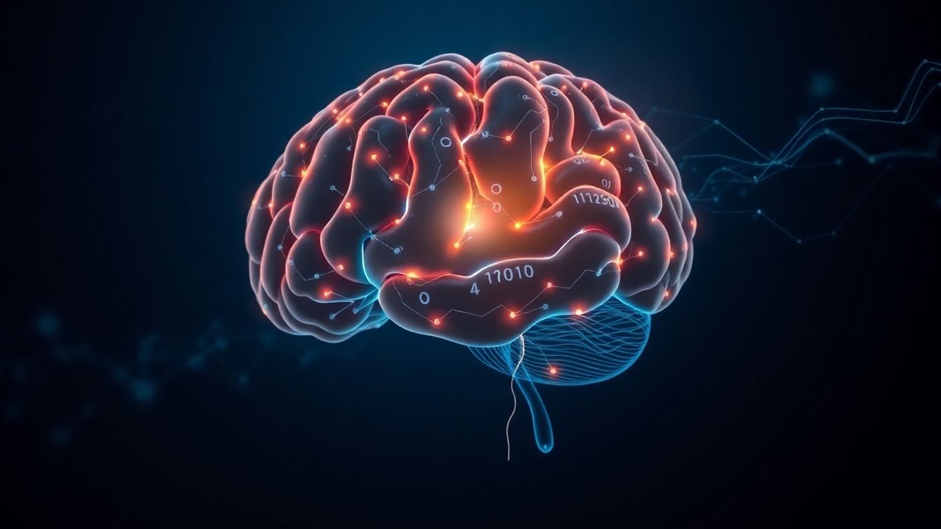 AI brain with digital circuits and data streams.