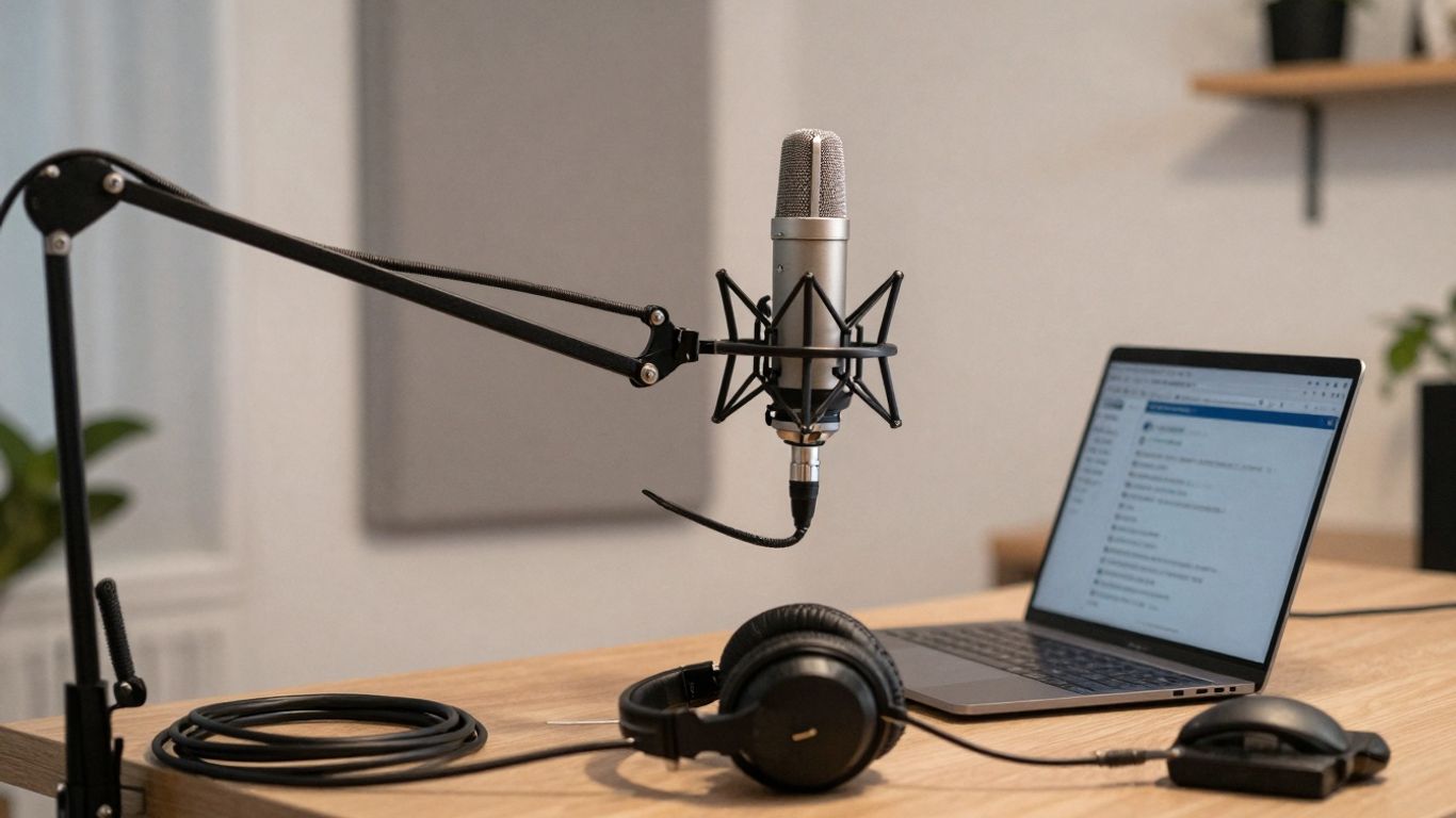 Podcast recording equipment in a home studio.
