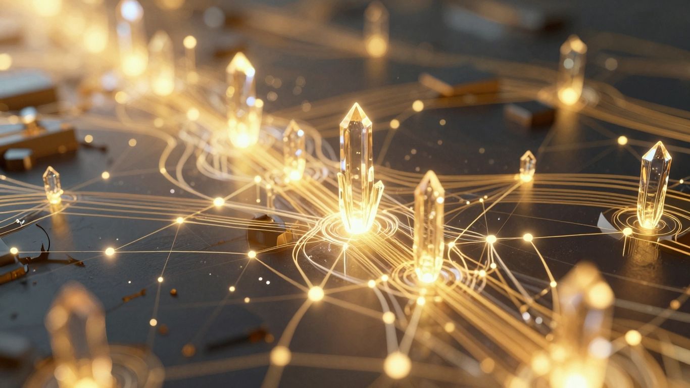 Abstract digital landscape with glowing nodes and pathways.