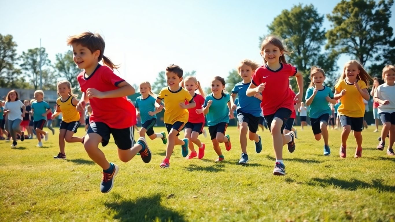 Young athletes running and cheering at a sports event.