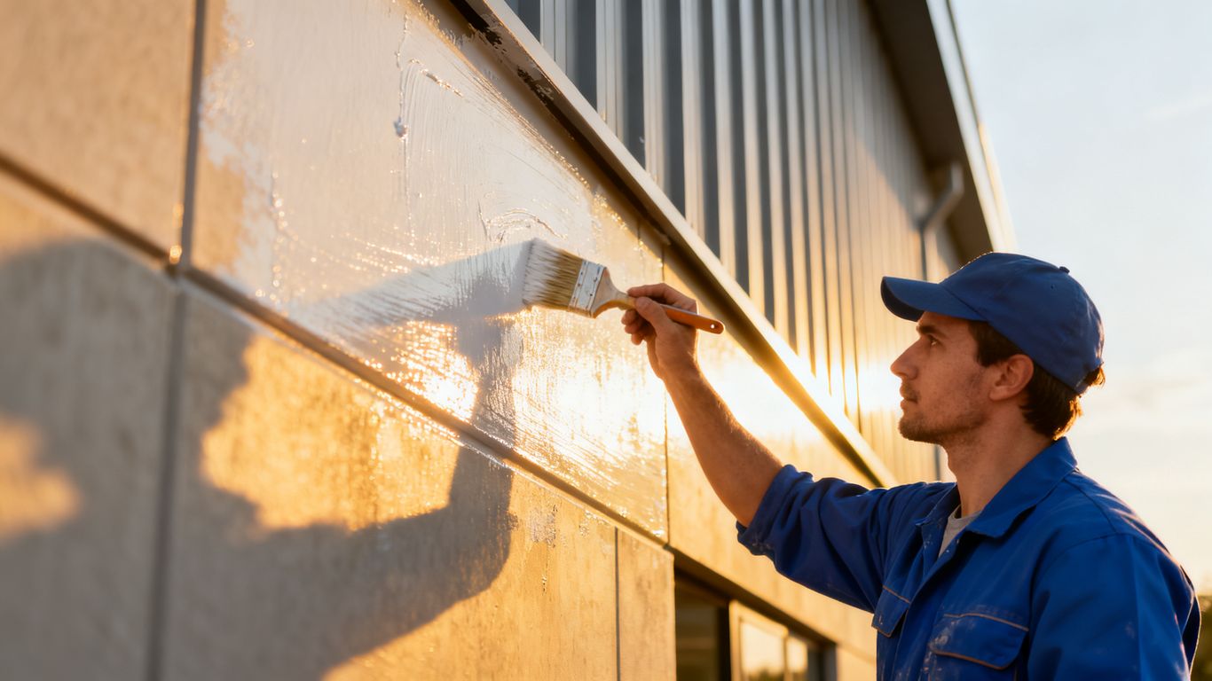 Painter applying fresh paint to a commercial building exterior.