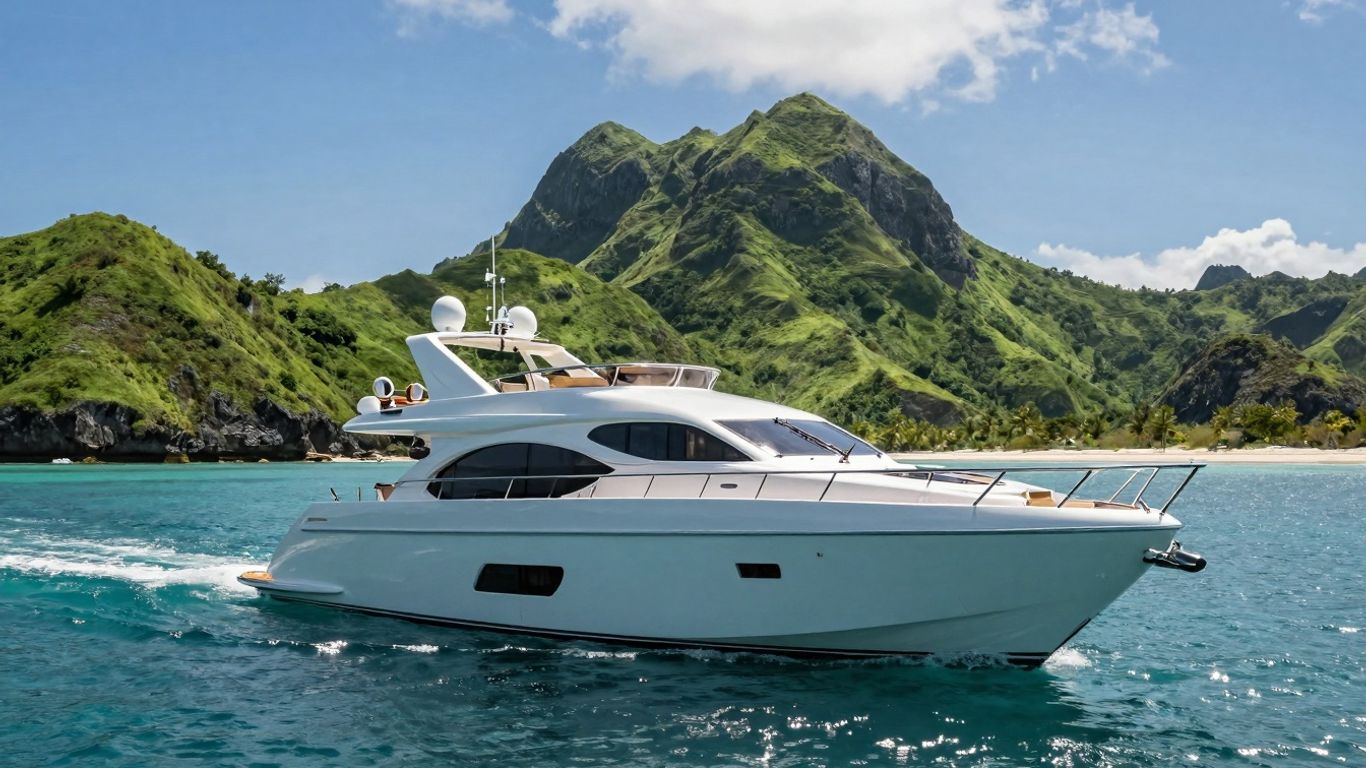 Luxury yacht sailing near Komodo Islands.