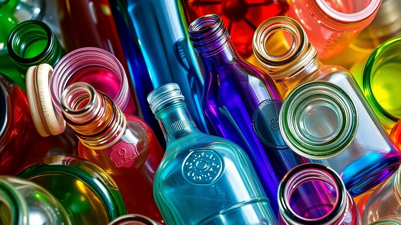 Recycled glass products in various colors and shapes.