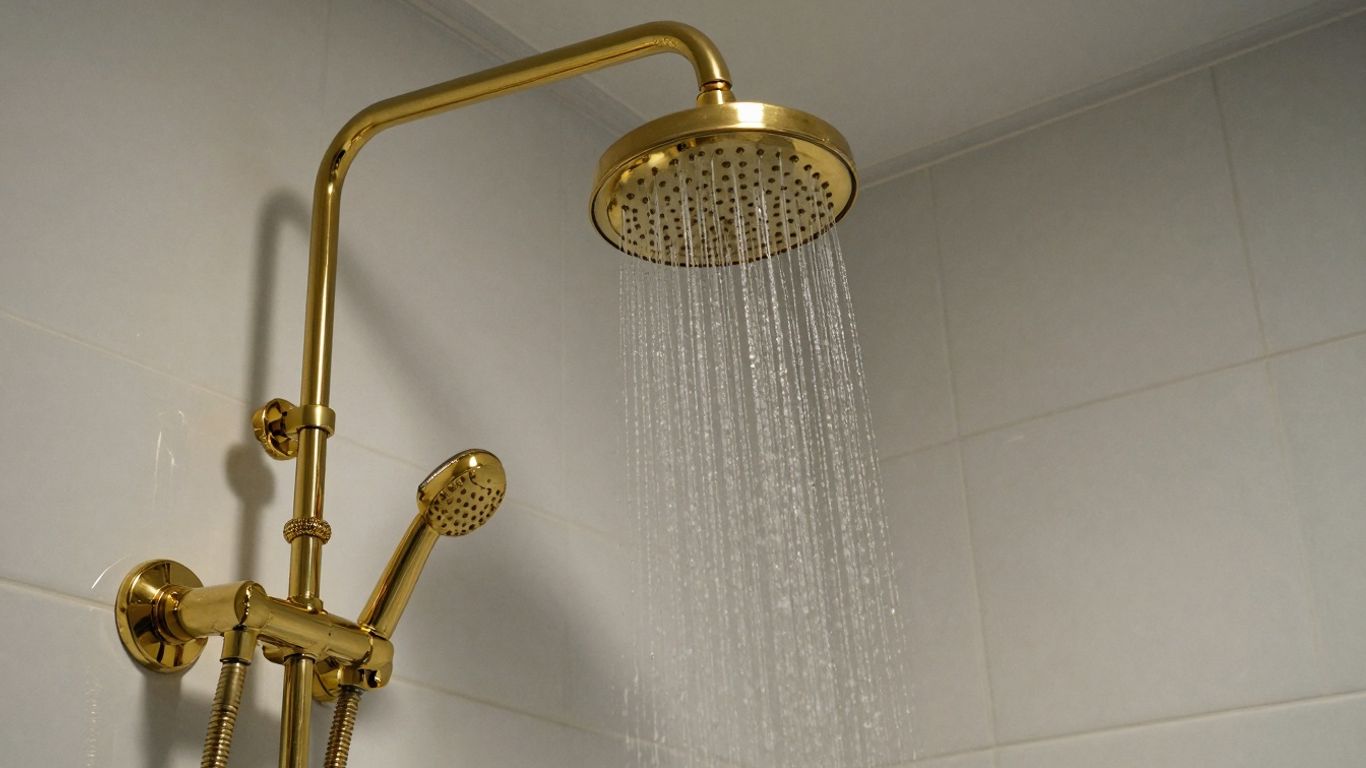 Luxurious gold shower fixtures in a modern bathroom.