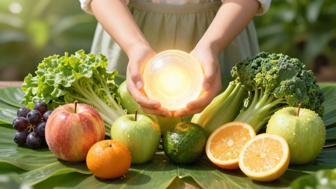 Fructe, legume și o mână ținând o bilă luminoasă.