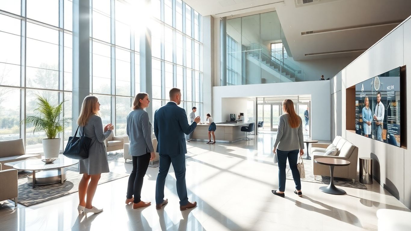 Sodobno hotelsko preddverje z digitalnim vmesnikom.