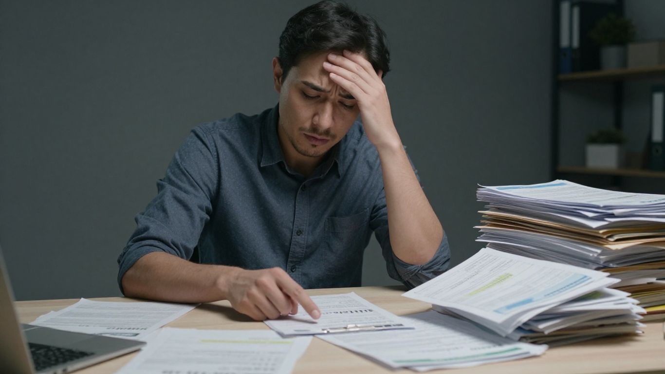 Stressed business owner with piles of invoices and bills.