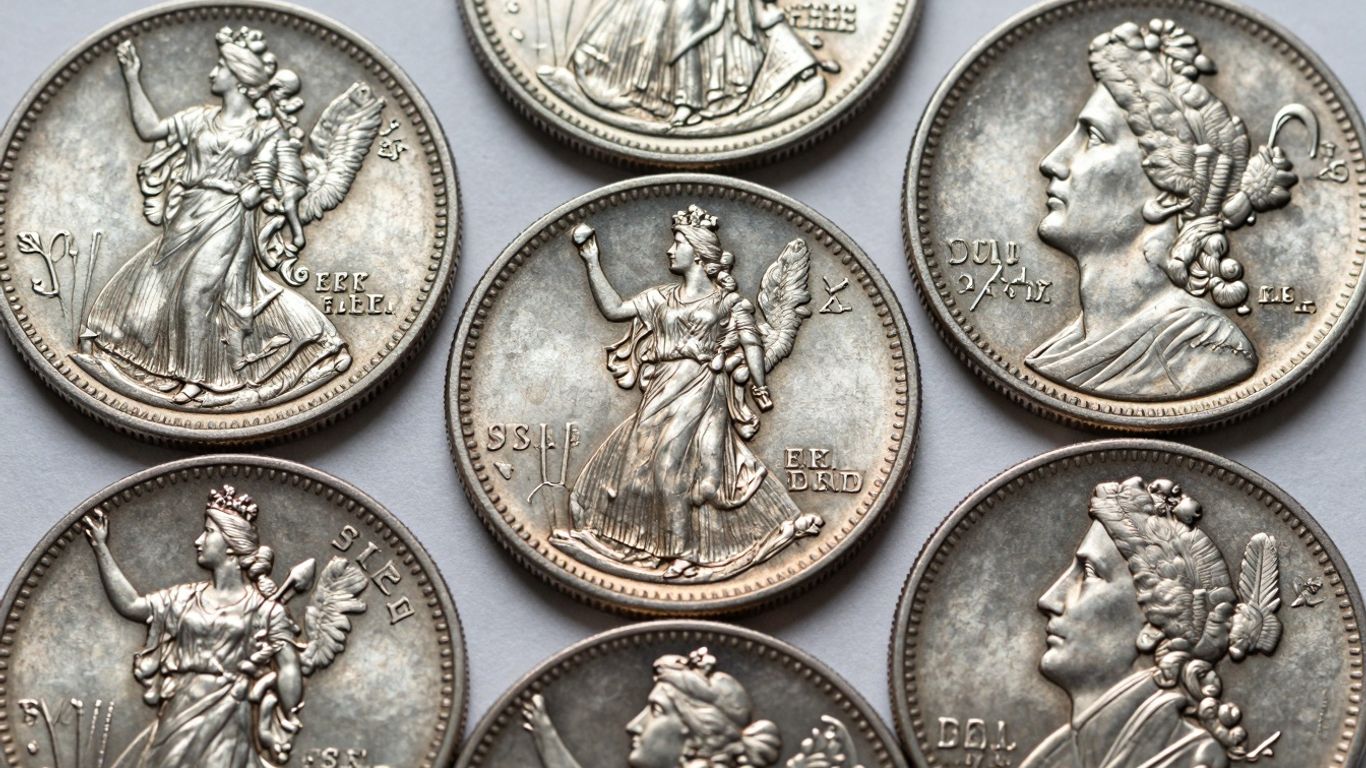 Seated Liberty silver coins, quarters and halves.