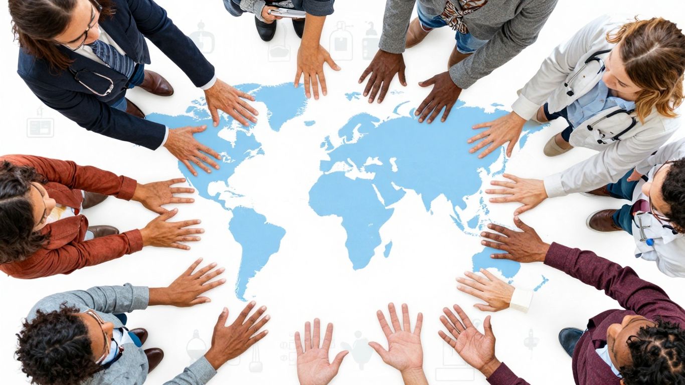 Oameni colaborând global pentru sănătate.