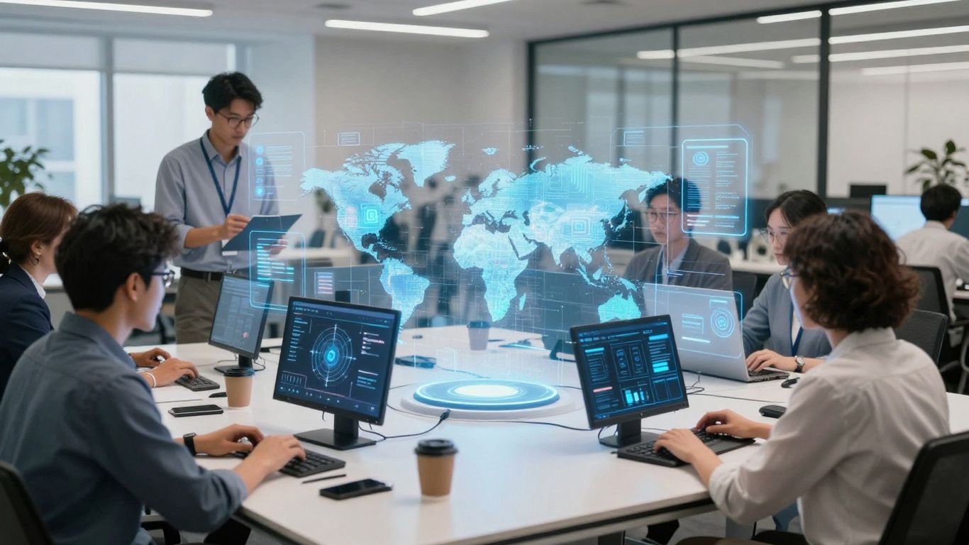 People and technology in a modern office.