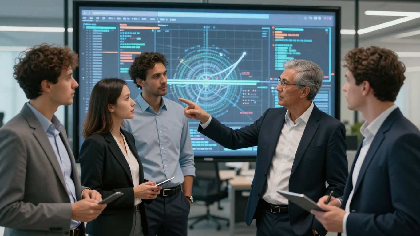 Business professionals discussing partnership models in an office.