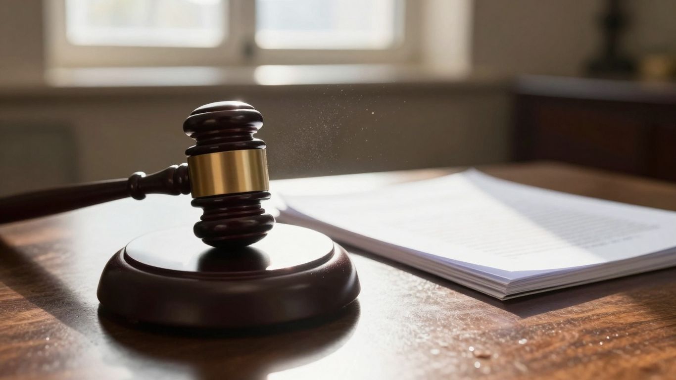 Gavel striking block, legal document on desk.