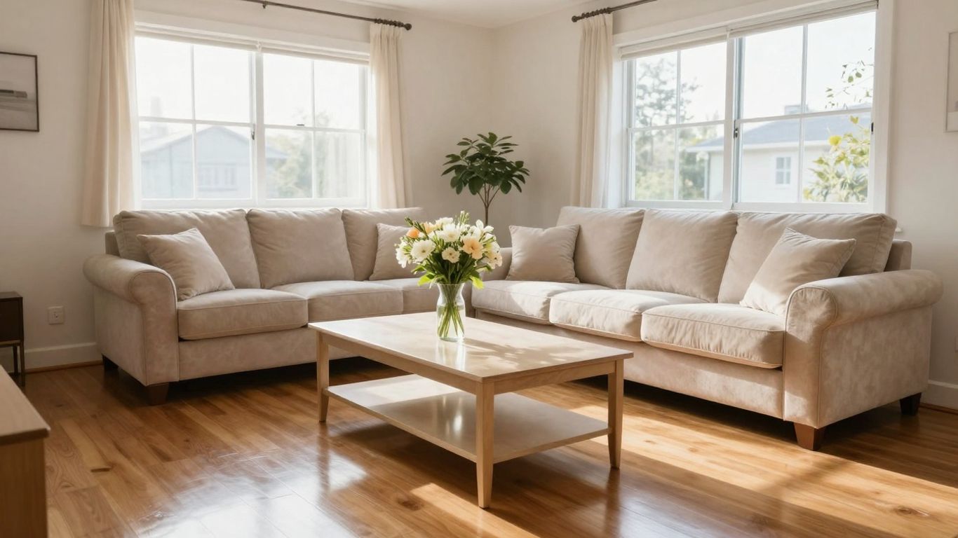 Sparkling clean living room with polished floors and fresh flowers.