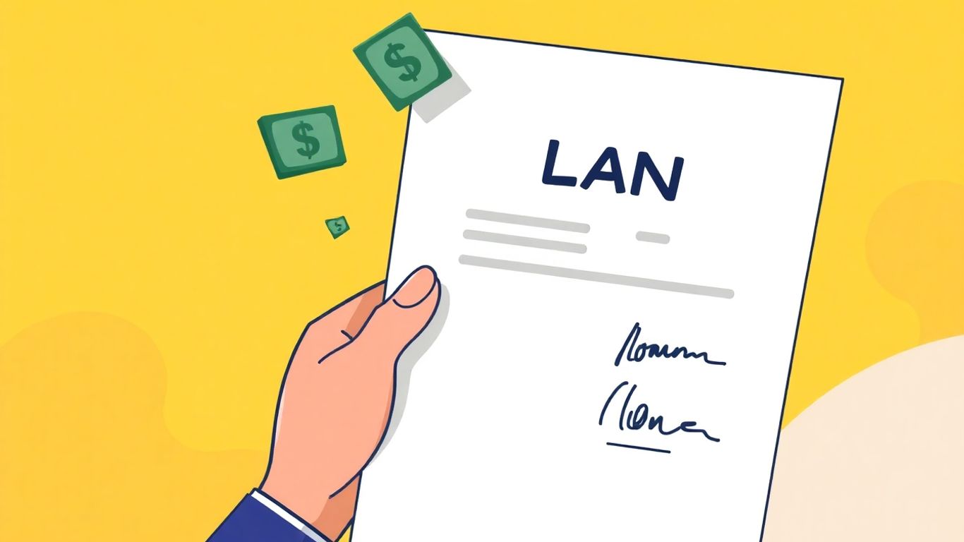 Cartoon hand signing a loan document with money symbols.