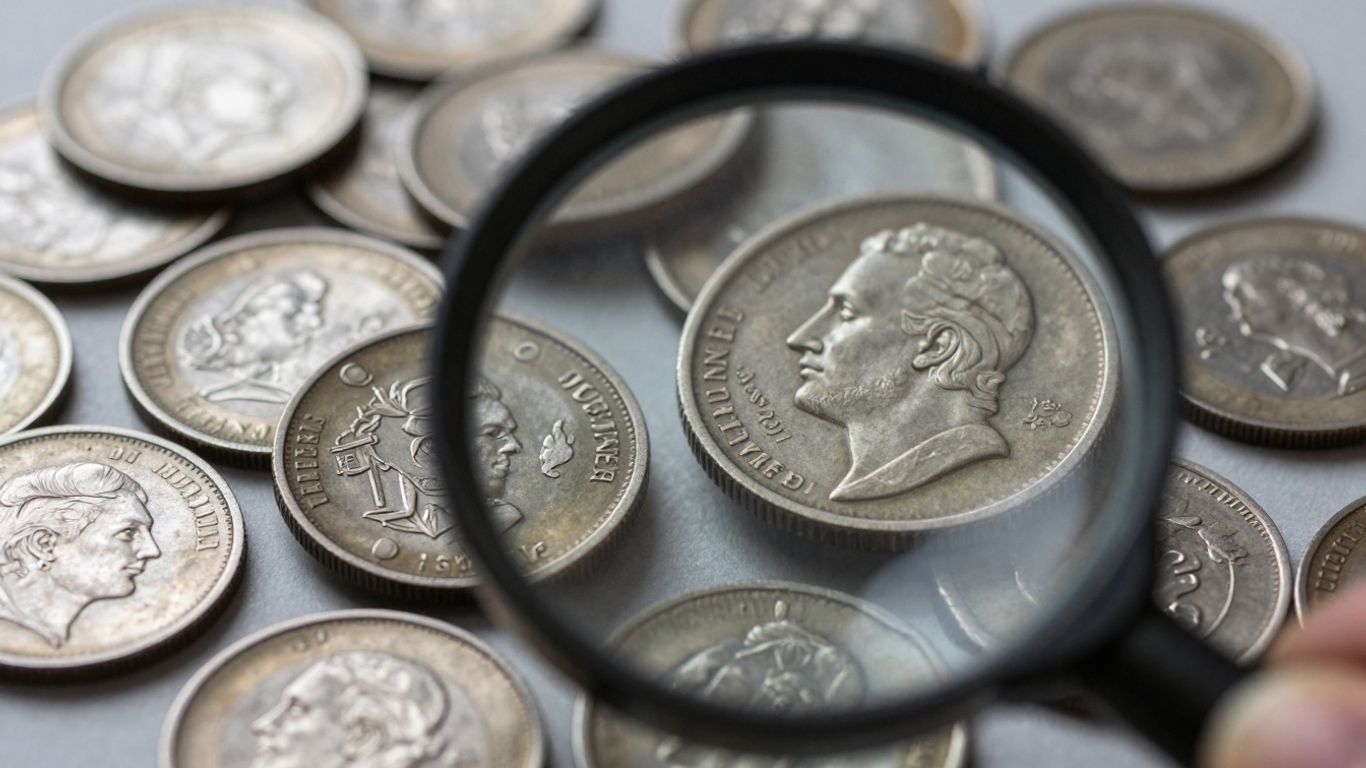 Magnifying glass over old coins in Tampa.