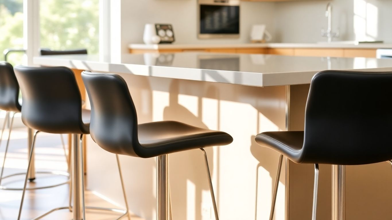 Sleek black bar stools at a kitchen island.
