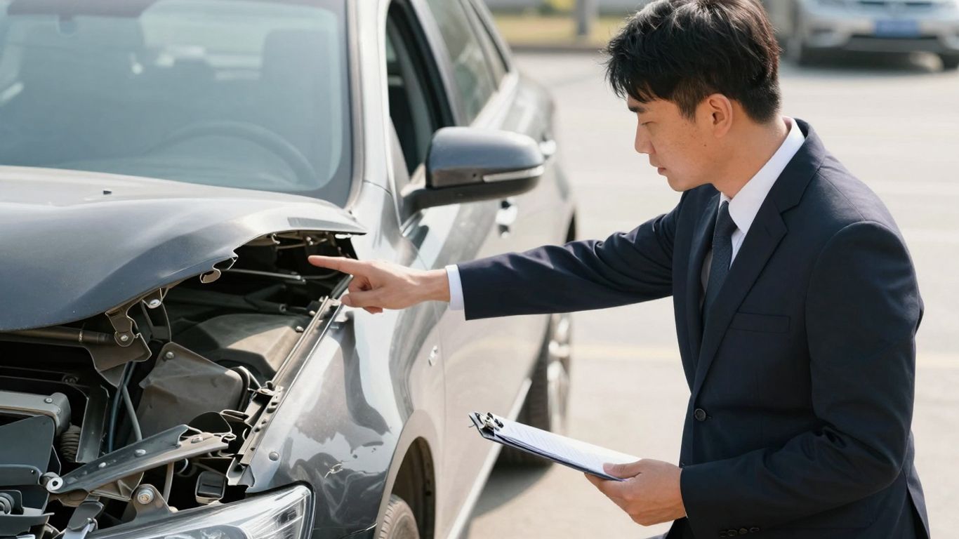 Insurance adjuster inspecting a damaged car.